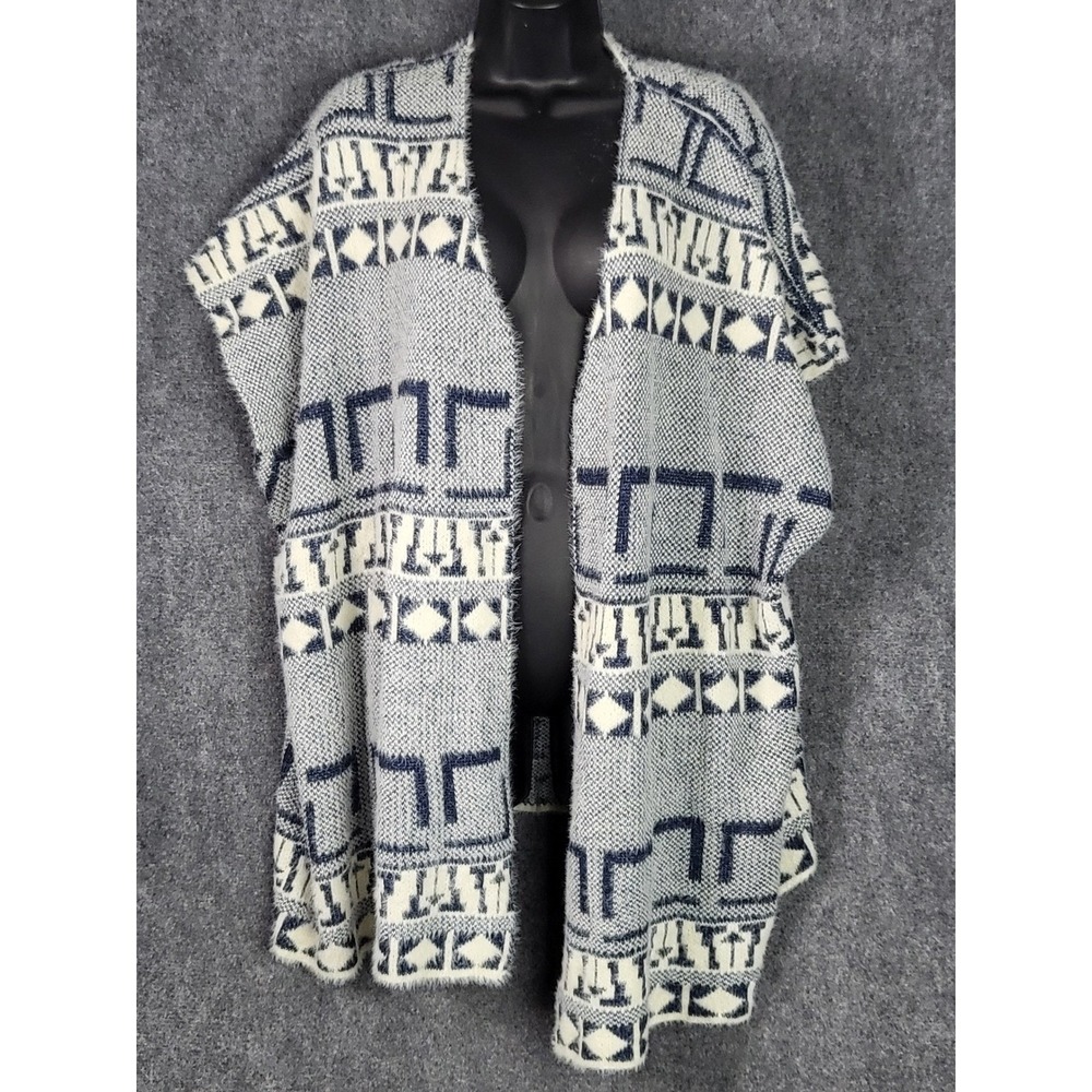 NWT Aztec Cardigan Vest Womens OS Navy Blue Cream Eyelash Fuzzy Knit Kimono Wrap